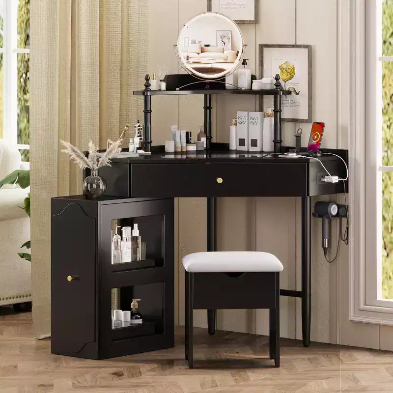 Whisen Corner Vanity Table with Storage Cushioned Stool, Charging Station, Removable Pull-Out Side Cabinet