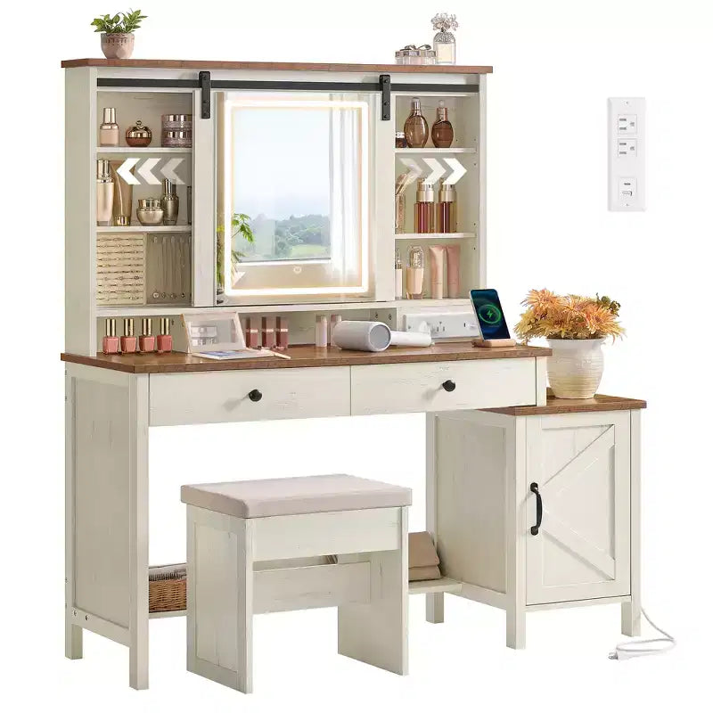 Farmhouse Vanity Desk with Sliding Mirror and Charging Station, 39.4 Inch Makeup Table with Stool and Jewelry Storage, Rustic White