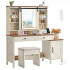Farmhouse Vanity Desk with Sliding Mirror and Charging Station, 39.4 Inch Makeup Table with Stool and Jewelry Storage, Rustic White