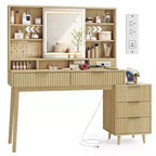 Transitional Vanity Desk with Sliding LED Mirror and Charging Station, 39.4 Inch Makeup Table with Jewelry Storage, Oak Beige