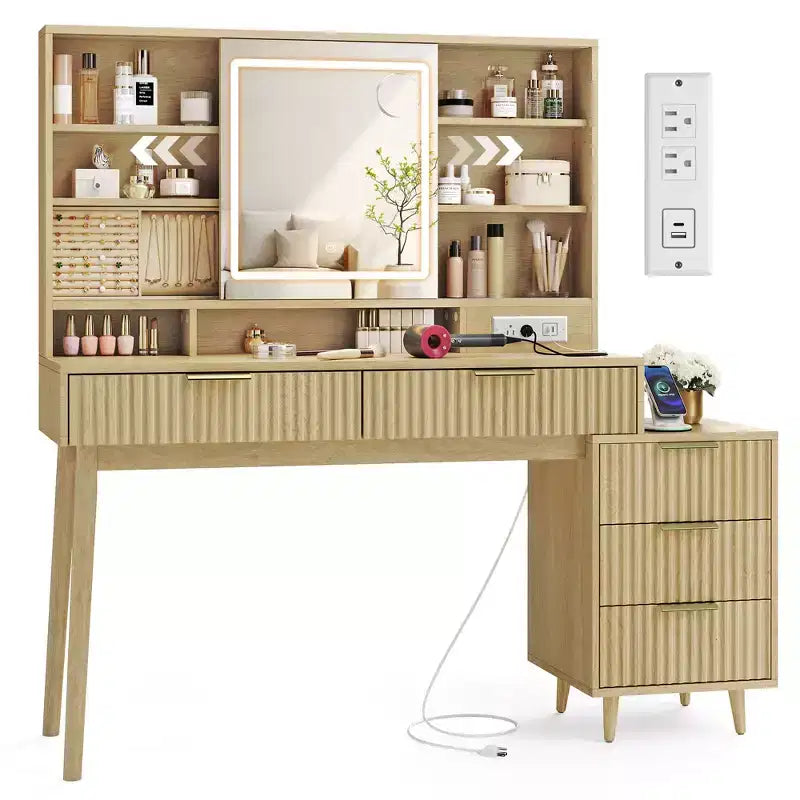 Transitional Vanity Desk with Sliding LED Mirror and Charging Station, 39.4 Inch Makeup Table with Jewelry Storage, Oak Beige