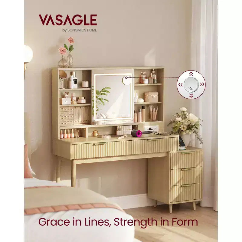 Transitional Vanity Desk with Sliding LED Mirror and Charging Station, 39.4 Inch Makeup Table with Jewelry Storage, Oak Beige