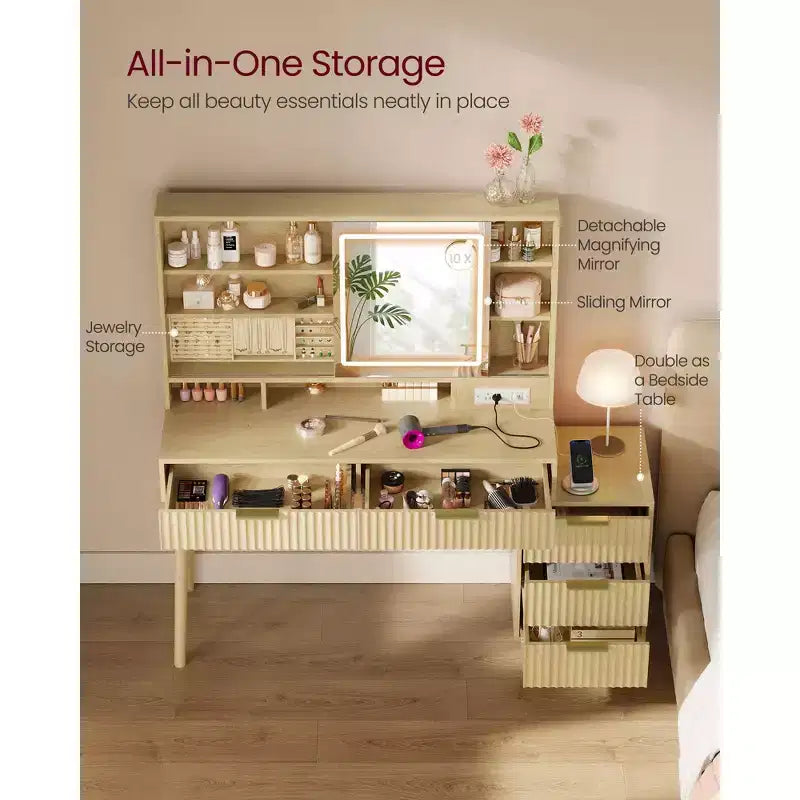 Transitional Vanity Desk with Sliding LED Mirror and Charging Station, 39.4 Inch Makeup Table with Jewelry Storage, Oak Beige