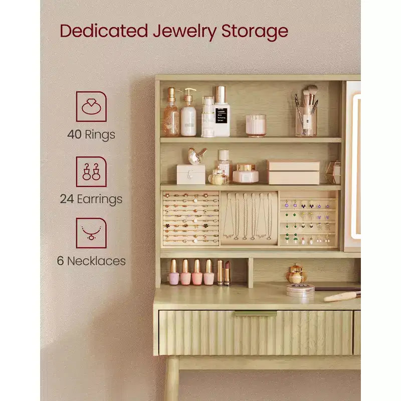 Transitional Vanity Desk with Sliding LED Mirror and Charging Station, 39.4 Inch Makeup Table with Jewelry Storage, Oak Beige