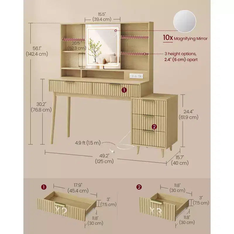 Transitional Vanity Desk with Sliding LED Mirror and Charging Station, 39.4 Inch Makeup Table with Jewelry Storage, Oak Beige