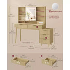 Transitional Vanity Desk with Sliding LED Mirror and Charging Station, 39.4 Inch Makeup Table with Jewelry Storage, Oak Beige