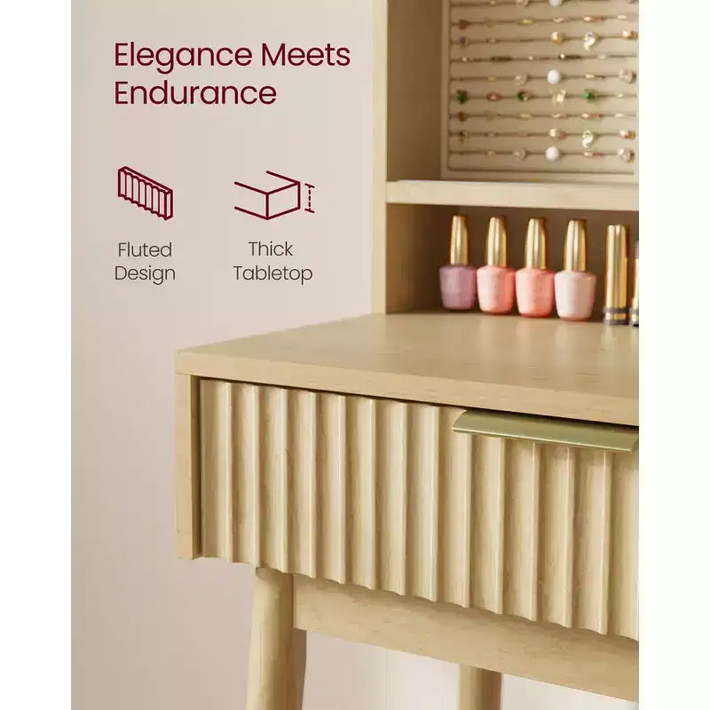 Transitional Vanity Desk with Sliding LED Mirror and Charging Station, 39.4 Inch Makeup Table with Jewelry Storage, Oak Beige