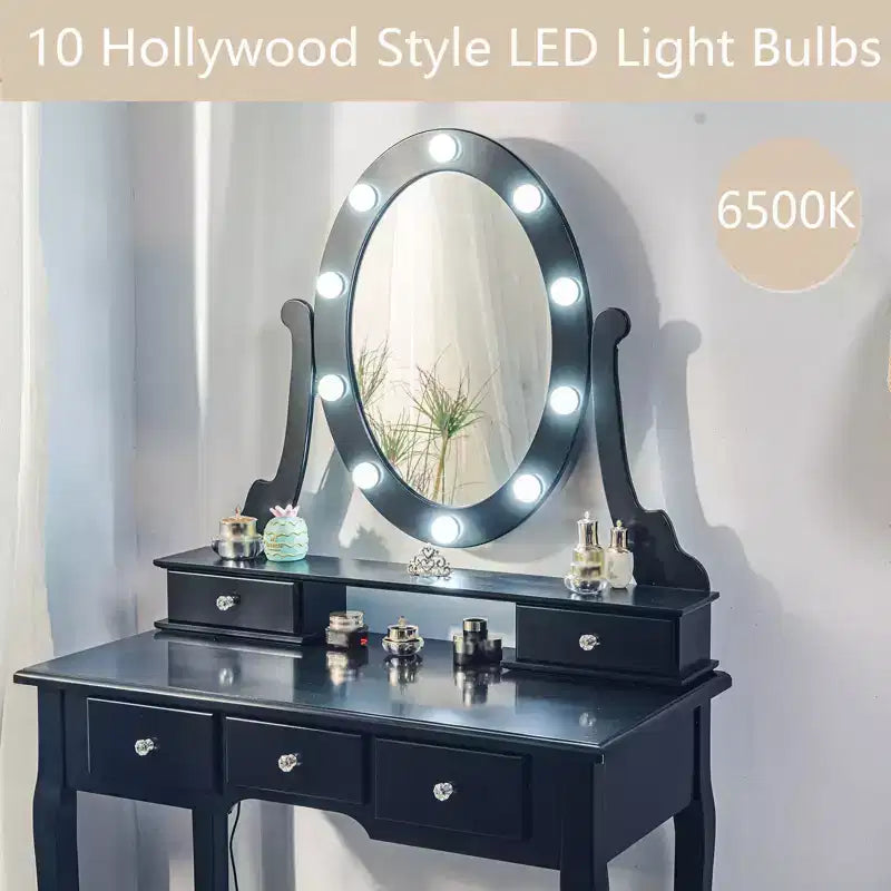 COZONY-kaptafel met verlichting, houten make-uptafel met ovale spiegel en krukje, verlichting in 3 kleuren, 5 grote laden