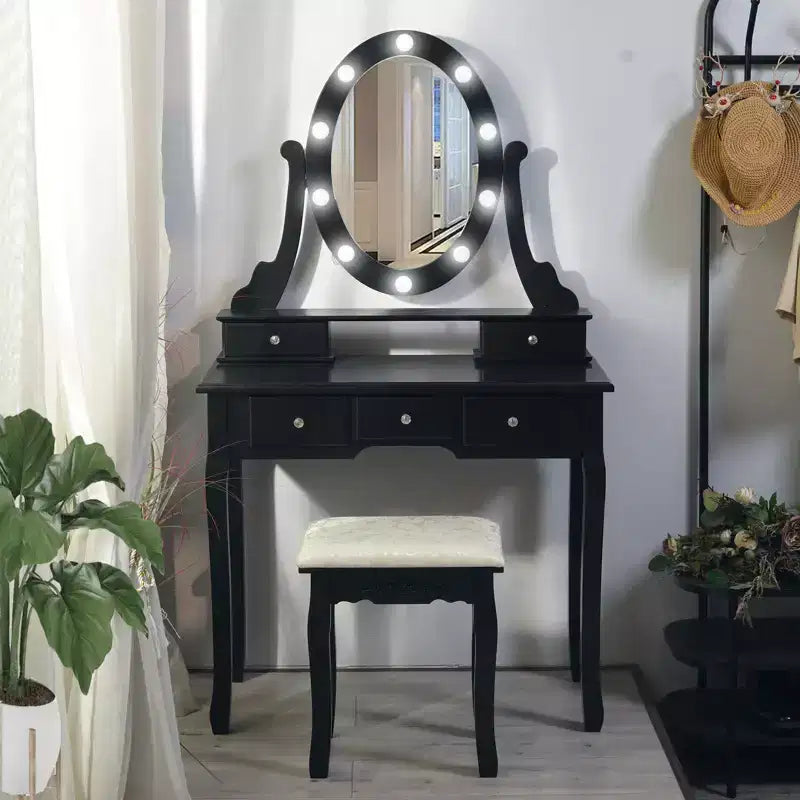 COZONY Vanity Desk with Lights, Wood Makeup Table with Oval Mirror & Stool, 3-Color Lighting, 5 Large Drawers