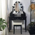 COZONY Vanity Desk with Lights, Wood Makeup Table with Oval Mirror & Stool, 3-Color Lighting, 5 Large Drawers