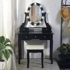 COZONY Vanity Desk with Lights, Wood Makeup Table with Oval Mirror & Stool, 3-Color Lighting, 5 Large Drawers