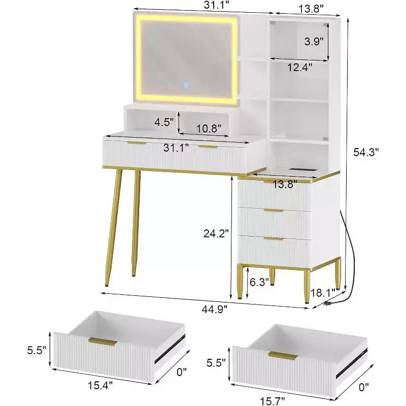 Scrivania da toeletta da trucco scanalata con specchio illuminato, tavolo da toeletta con 5 cassetti, scrivania da toeletta con specchio e luci, luminosità regolabile