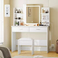 Acekool Vanity Desk with Lighted Mirror, Stool, Power Outlet, 6 Shelves, 2 Large Drawers, 3-Color Adjustable LED, Makeup Vanity for Bedroom, White