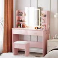 Acekool Vanity Desk with Lighted Mirror, Stool, Power Outlet, 6 Shelves, 2 Large Drawers, 3-Color Adjustable LED, Makeup Vanity for Bedroom, Pink