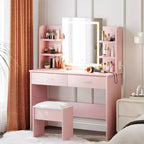 Acekool Vanity Desk with Lighted Mirror, Stool, Power Outlet, 6 Shelves, 2 Large Drawers, 3-Color Adjustable LED, Makeup Vanity for Bedroom, Pink