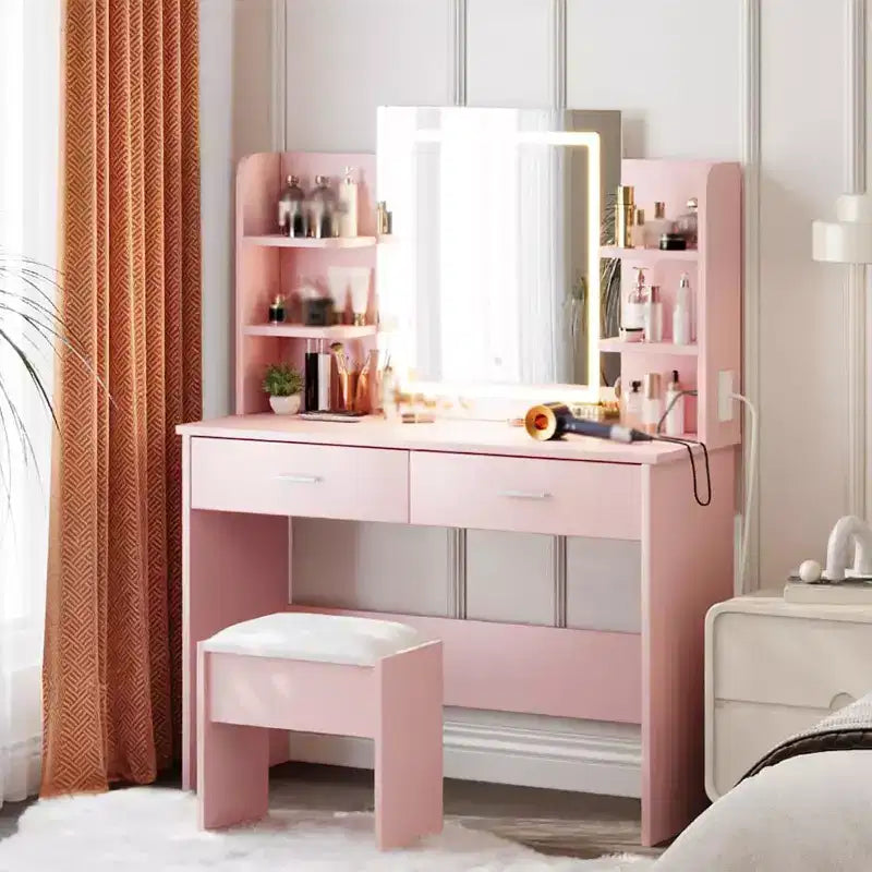 Acekool Vanity Desk with Lighted Mirror, Stool, Power Outlet, 6 Shelves, 2 Large Drawers, 3-Color Adjustable LED, Makeup Vanity for Bedroom, Pink