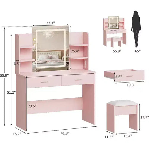 Escritorio de tocador Acekool con espejo iluminado, taburete, toma de corriente, 6 estantes, 2 cajones grandes y LED ajustable de 3 colores, tocador de maquillaje para dormitorio, rosa