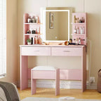Acekool Schminktisch mit beleuchtetem Spiegel, Hocker, Steckdose, 6 Regalen, 2 großen Schubladen und einstellbarer LED-Beleuchtung in 3 Farben für das Schlafzimmer, Rosa