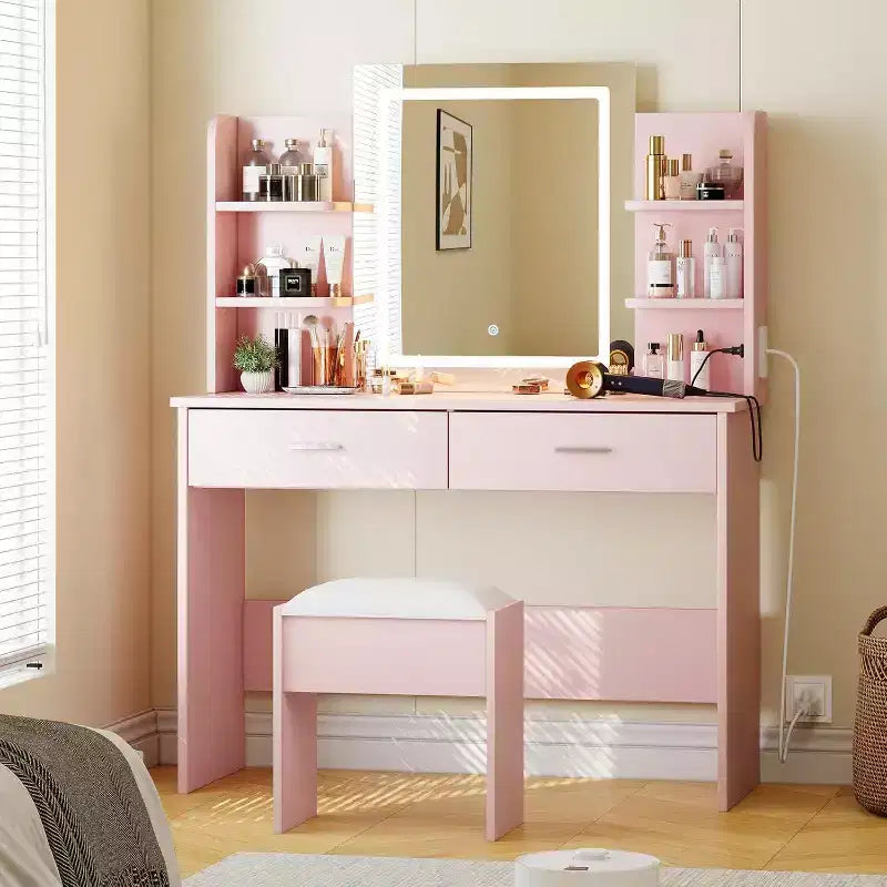 Acekool Schminktisch mit beleuchtetem Spiegel, Hocker, Steckdose, 6 Regalen, 2 großen Schubladen und einstellbarer LED-Beleuchtung in 3 Farben für das Schlafzimmer, Rosa
