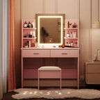 Acekool Schminktisch mit beleuchtetem Spiegel, Hocker, Steckdose, 6 Regalen, 2 großen Schubladen und einstellbarer LED-Beleuchtung in 3 Farben für das Schlafzimmer, Rosa