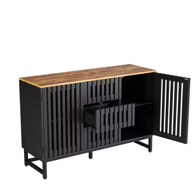 Buffet Cabinet With Storage, Dresser With Grille-Striped Doors And Storage Drawers