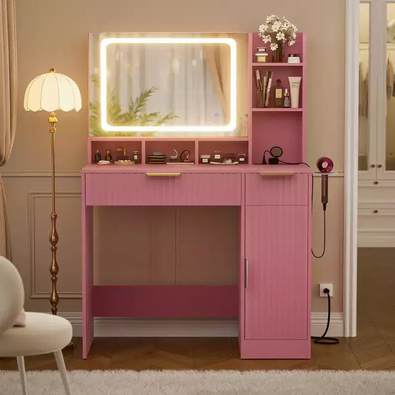 Tocador Besiost con espejo y luces de 3 colores, escritorio de maquillaje con cajones