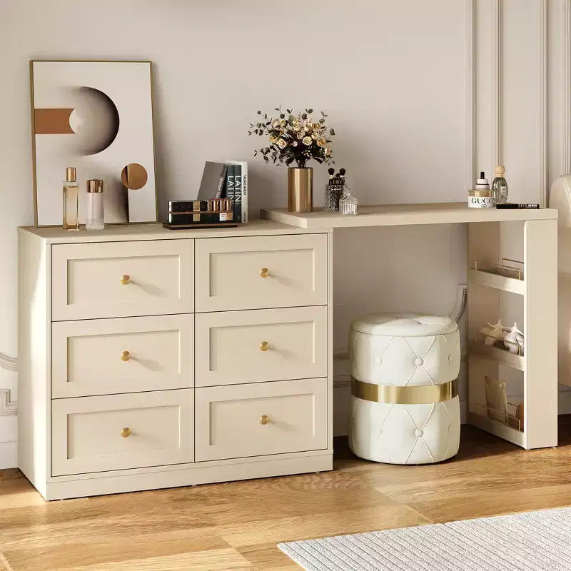 Heynemo 6-Drawer Extendable Corner Vanity Table and Dresser Combo with 3 Side Shelves, Makeup Vanity Desk, Wood Dressing Table for Bedroom