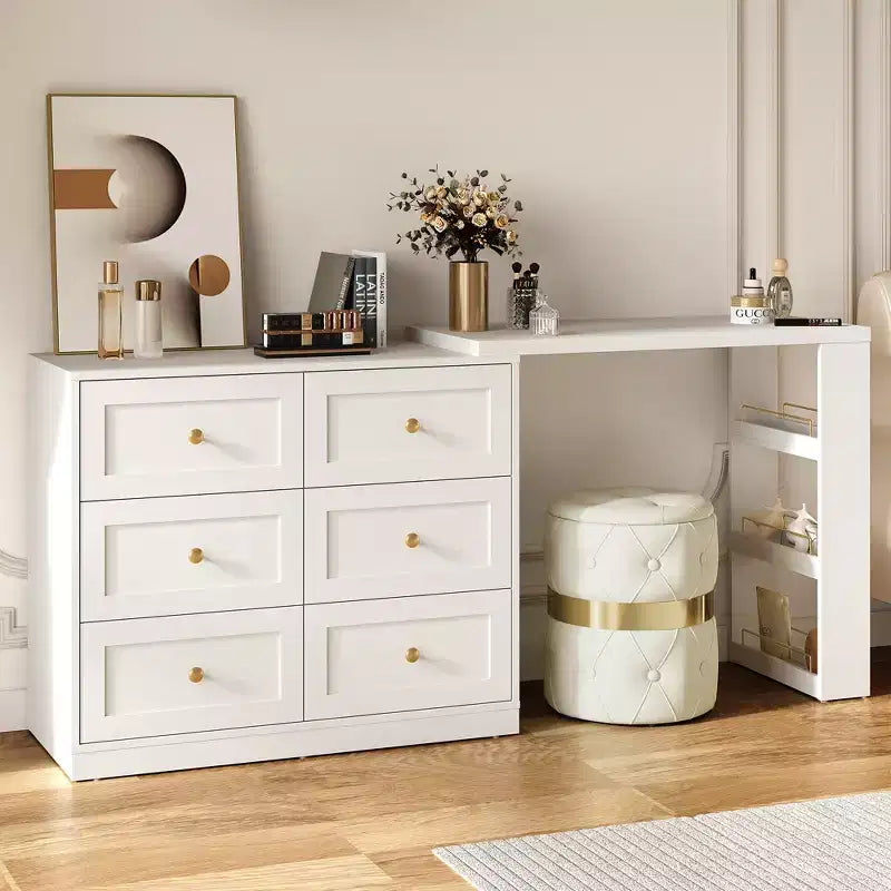 Combinación de tocador y cómoda de esquina extensible Heynemo con 6 cajones y 3 estantes laterales, escritorio tocador de maquillaje, mesa de madera para el dormitorio