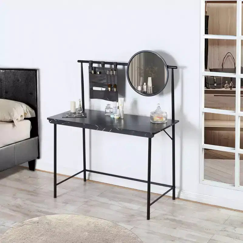 FurnitureR fésülködőasztal levehető kerek tükörrel, egyszerű multifunkciós smink- és öltözőasztal, íróasztal hálószobába, fekete