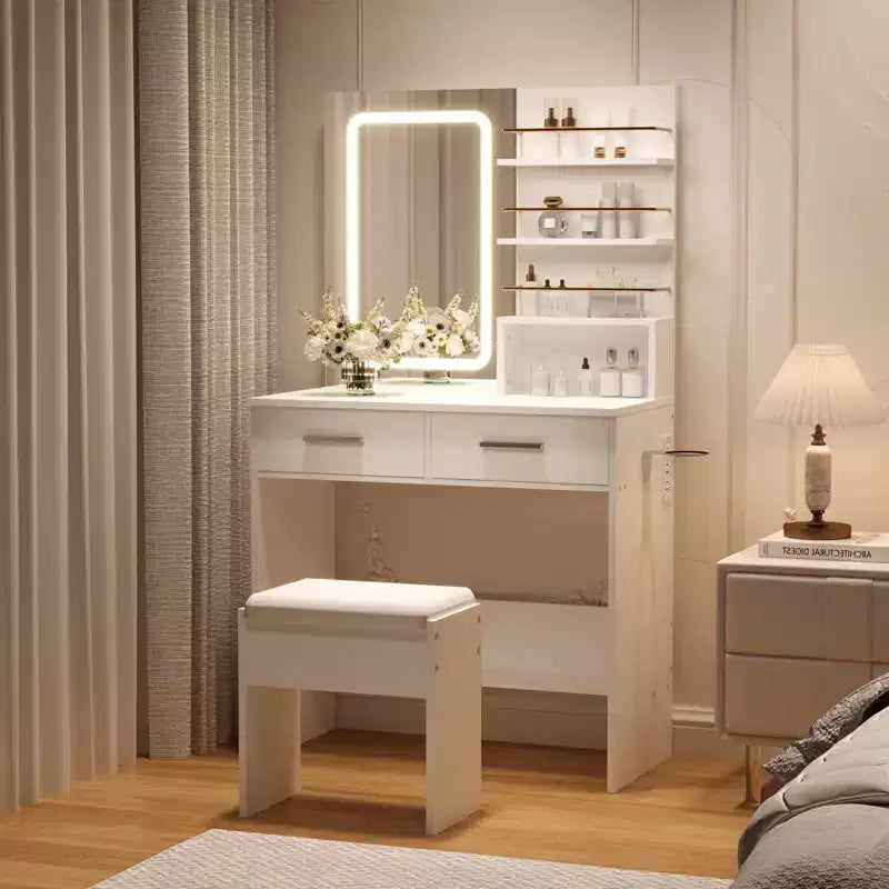 GustoWave moderner Schminktisch mit Spiegel und Beleuchtung, Schminktisch mit Schubladen und Regalen, Schrank und gepolstertem Hocker