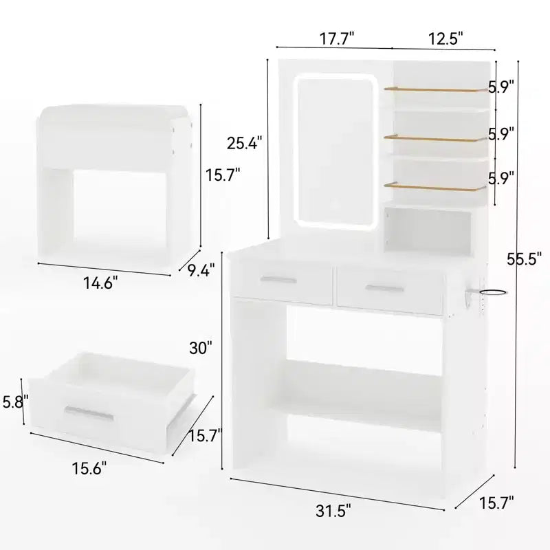 GustoWave moderner Schminktisch mit Spiegel und Beleuchtung, Schminktisch mit Schubladen und Regalen, Schrank und gepolstertem Hocker