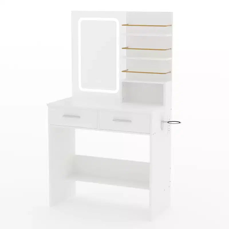GustoWave moderner Schminktisch mit Spiegel und Beleuchtung, Schminktisch mit Schubladen und Regalen, Schrank und gepolstertem Hocker