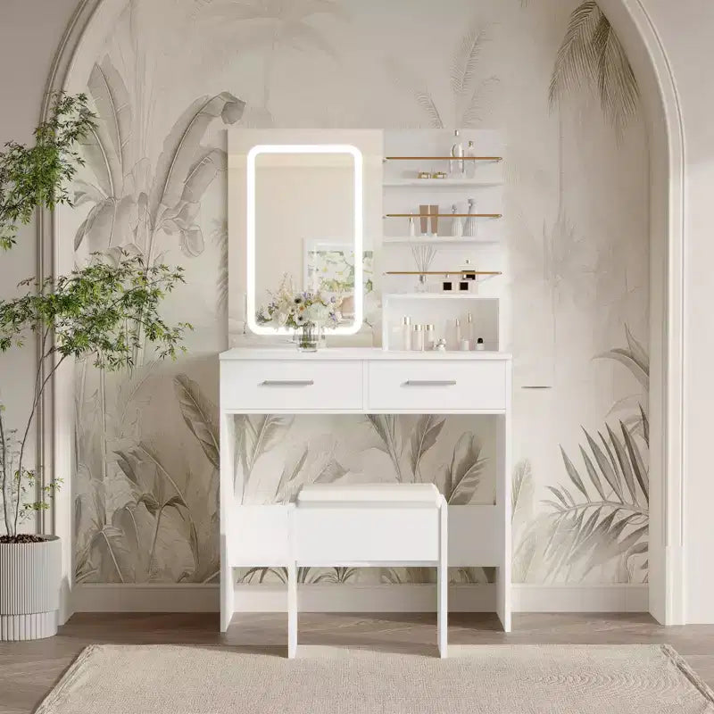 GustoWave moderner Schminktisch mit Spiegel und Beleuchtung, Schminktisch mit Schubladen und Regalen, Schrank und gepolstertem Hocker