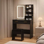 GustoWave moderner Schminktisch mit Spiegel und Beleuchtung, Schminktisch mit Schubladen und Regalen, Schrank und gepolstertem Hocker