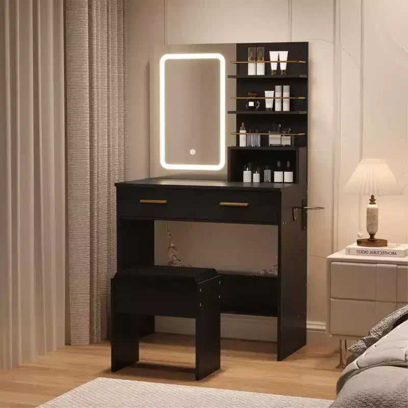 GustoWave moderner Schminktisch mit Spiegel und Beleuchtung, Schminktisch mit Schubladen und Regalen, Schrank und gepolstertem Hocker