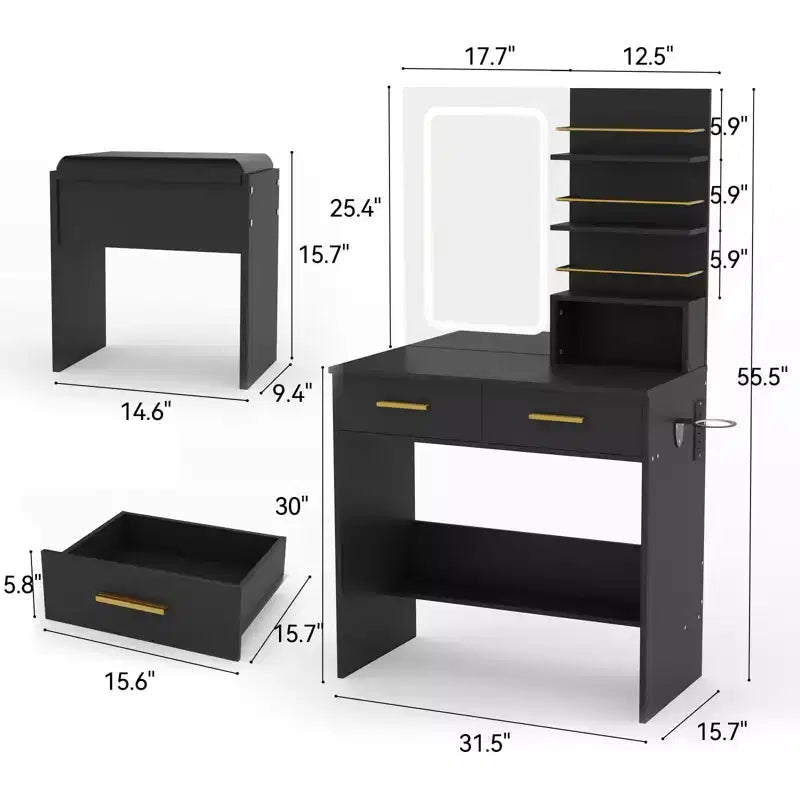 GustoWave moderner Schminktisch mit Spiegel und Beleuchtung, Schminktisch mit Schubladen und Regalen, Schrank und gepolstertem Hocker