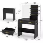 GustoWave moderner Schminktisch mit Spiegel und Beleuchtung, Schminktisch mit Schubladen und Regalen, Schrank und gepolstertem Hocker