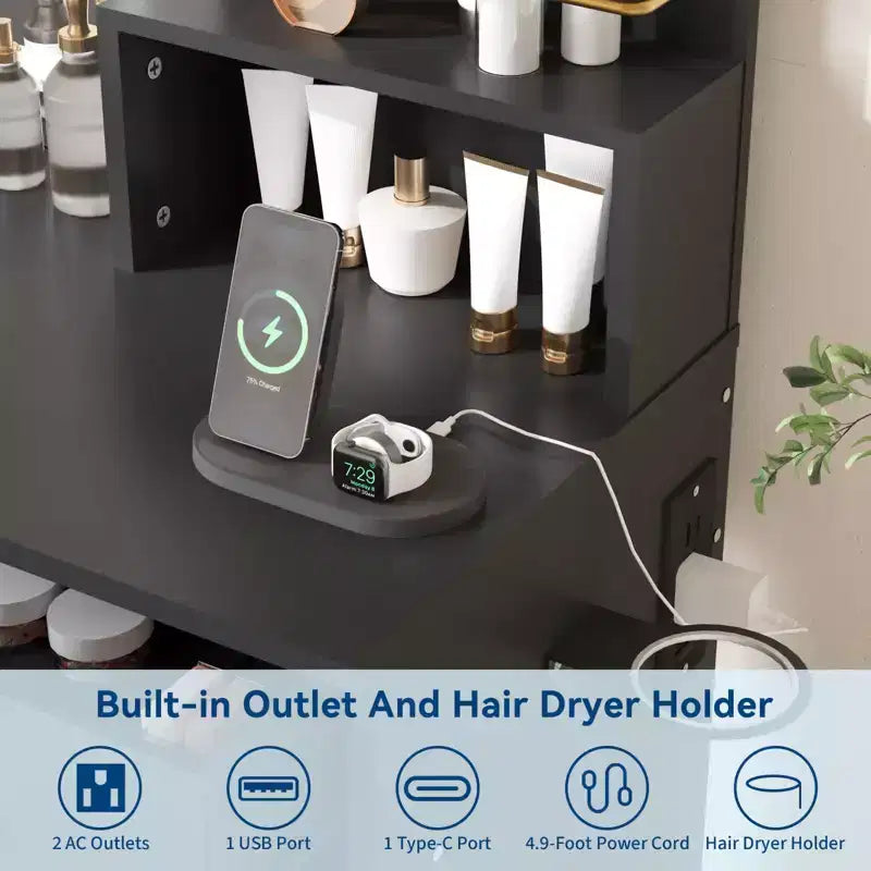 GustoWave moderner Schminktisch mit Spiegel und Beleuchtung, Schminktisch mit Schubladen und Regalen, Schrank und gepolstertem Hocker
