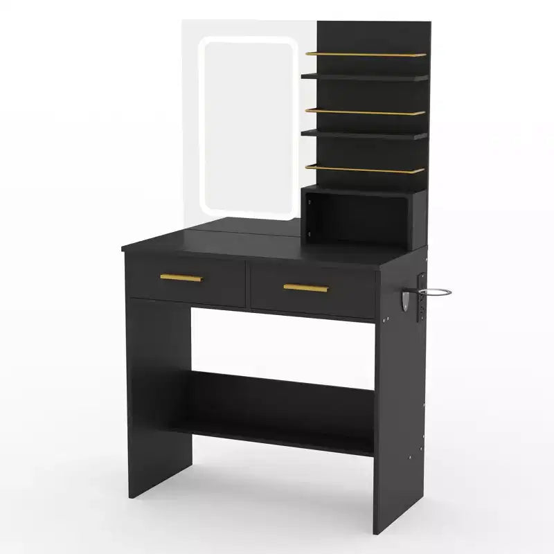 GustoWave moderner Schminktisch mit Spiegel und Beleuchtung, Schminktisch mit Schubladen und Regalen, Schrank und gepolstertem Hocker