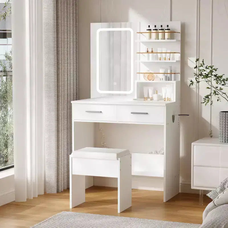 Tocador contemporáneo GustoWave con espejo y luces, mesa de maquillaje con cajones y estantes, gabinete y taburete acolchado