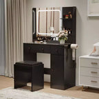 GustoWave Modern Makeup Vanity with Lights and Mirror Vanity Table with Hair Dryer Holder, Storage Drawers and Shelves with Stool, Black