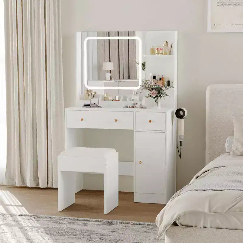 COZONY Işıklı ve Aynalı Makyaj Masası, Şarj İstasyonlu, Saç Kurutma Makinesi Tutuculu, Saklama Çekmeceli ve Raflı, Döşemeli Tabureli