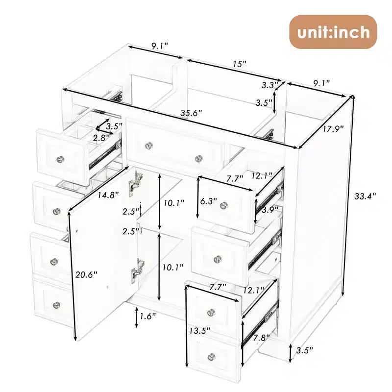 Banyo Dolabı, 6 Çekmeceli 36 İnç Banyo Makyaj Dolabı, Ayarlanabilir Raflı, Bağımsız Banyo Dolabı