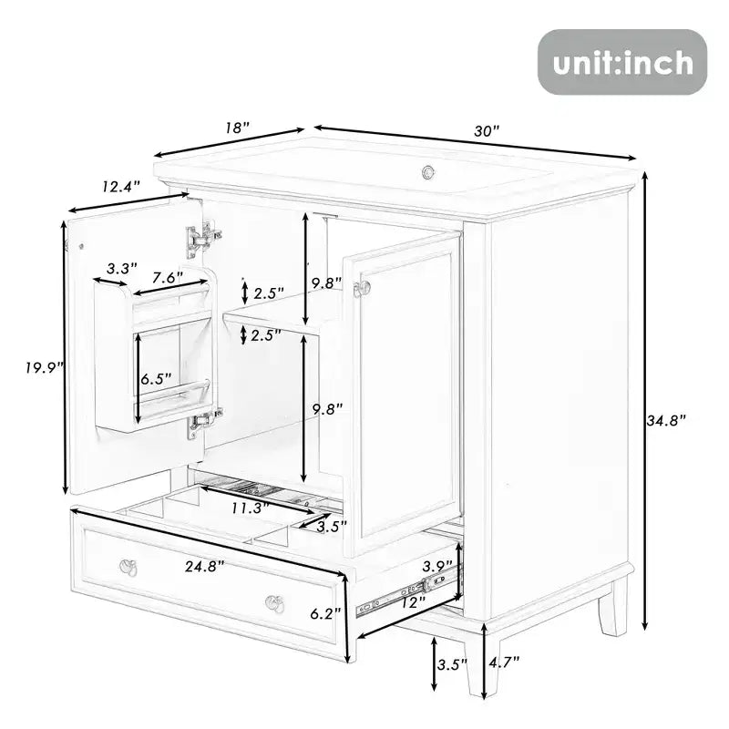 Badezimmer-Unterschrank mit Einzelwaschtischplatte, freistehender moderner Badezimmerschrank mit 2 Türen und 1 Schublade
