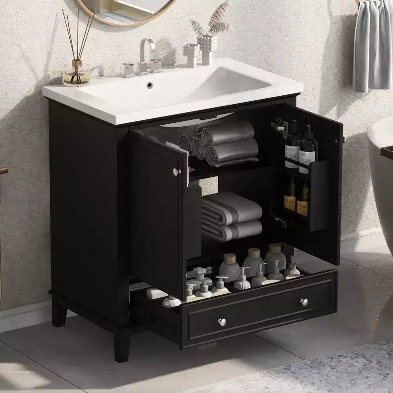Badezimmer-Unterschrank mit Einzelwaschtischplatte, freistehender moderner Badezimmerschrank mit 2 Türen und 1 Schublade