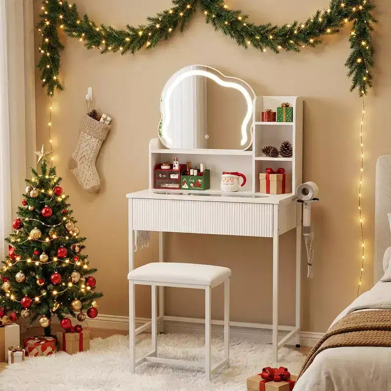 Vanity Desk Set With Led Lighted Mirror & Power Outlet, Makeup Table