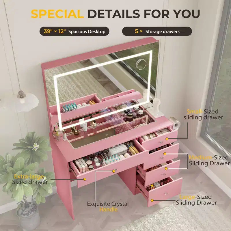 39 Vanity Desk with Mirror and Lights, 5 Drawers Makeup Vanity Desk with Tempered Glass top