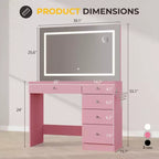 39 Vanity Desk with Mirror and Lights, 5 Drawers Makeup Vanity Desk with Tempered Glass top