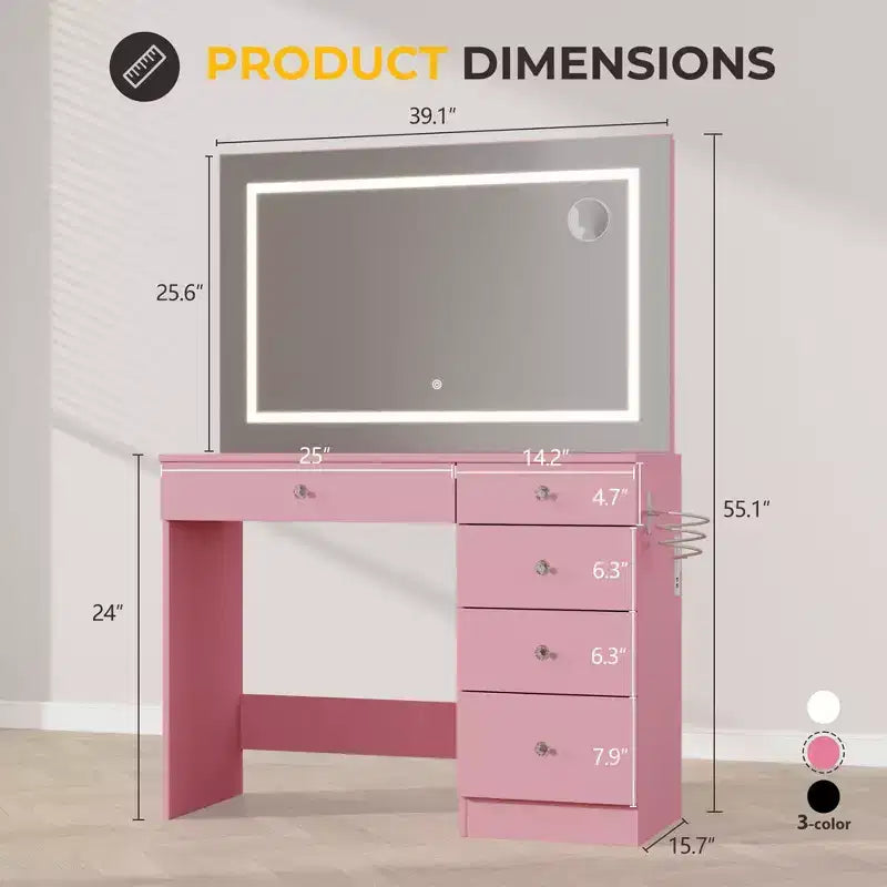 39 Vanity Desk with Mirror and Lights, 5 Drawers Makeup Vanity Desk with Tempered Glass top