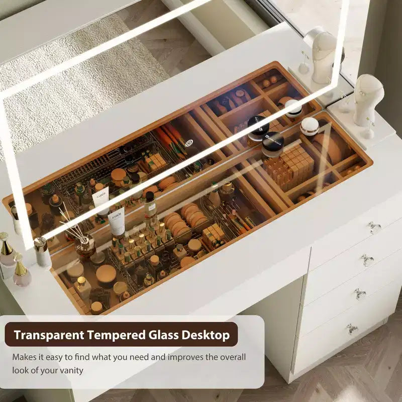 39 Vanity Desk with Mirror and Lights, 5 Drawers Makeup Vanity Desk with Tempered Glass top